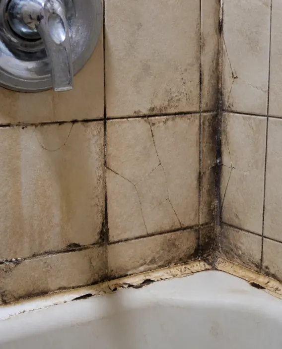 Close-up of cracked shower tile and moldy grout