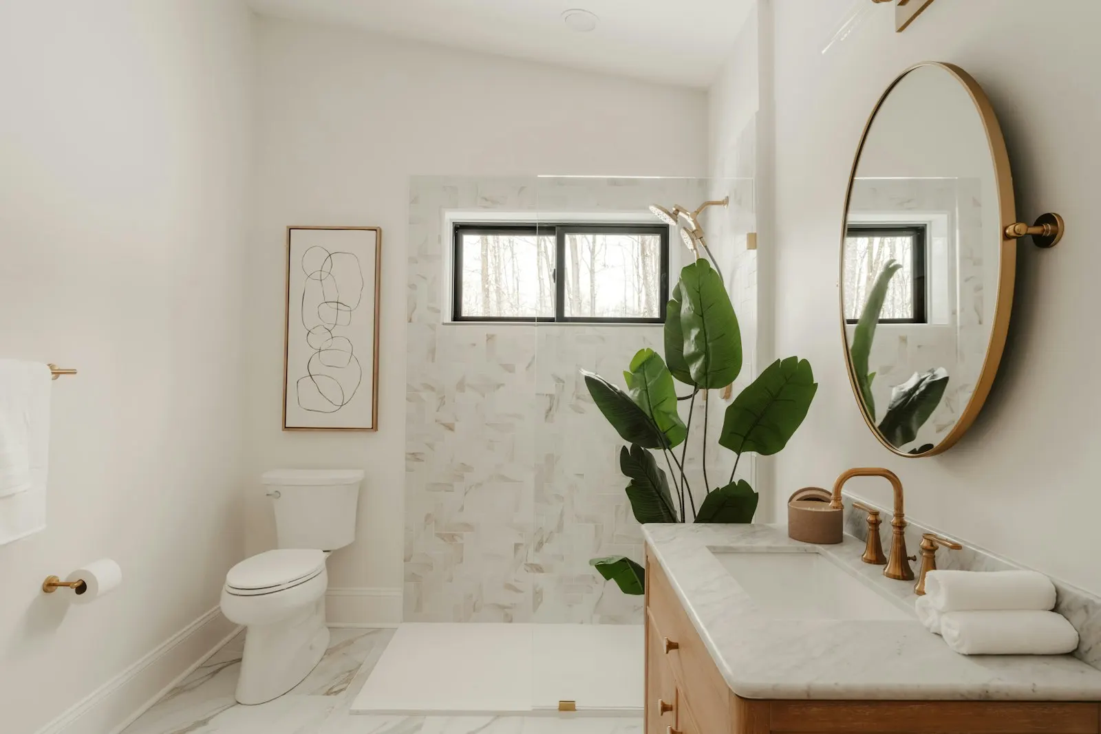 Bathroom with marble-look shower walls