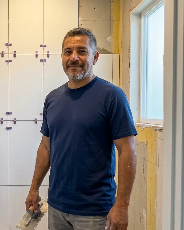 Ruben Ortega, owner, in a shower he is tiling